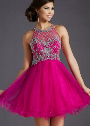 Fuchsia Tulle Beaded Halter Knee Length Prom Dress 